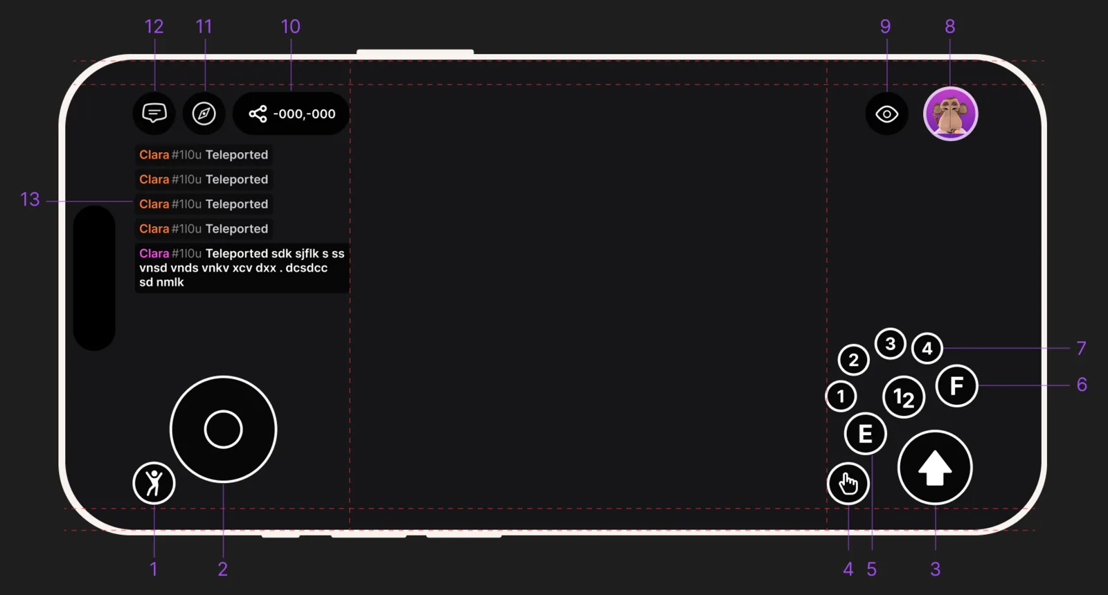Mobile in-world HUD with controls labeled