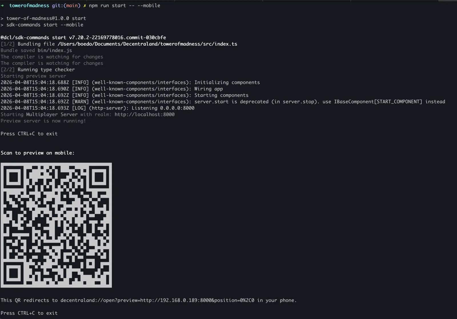 QR code printed by the Decentraland CLI for mobile preview