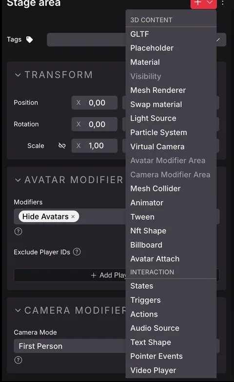 The add component menu open on an entity, listing components grouped under 3D Content and Interaction.