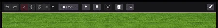 The editor toolbar under the Bevy renderer: undo and redo, the gizmo tools, a camera dropdown reading Free, play and stop buttons, the Interact gamepad toggle, the Preferences gear and the Inspector button.