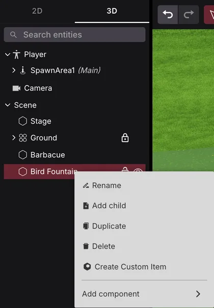 The entity tree with the right-click menu open on the Bird Fountain entity, listing Rename, Add child, Duplicate, Delete, Create Custom Item and Add component.