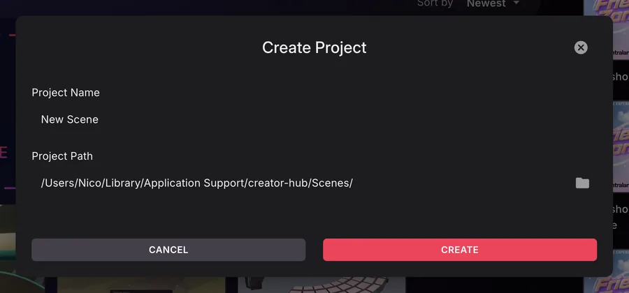 The Create Project dialog, with a Project Name field, a Project Path field with a folder picker, and Cancel and Create buttons.