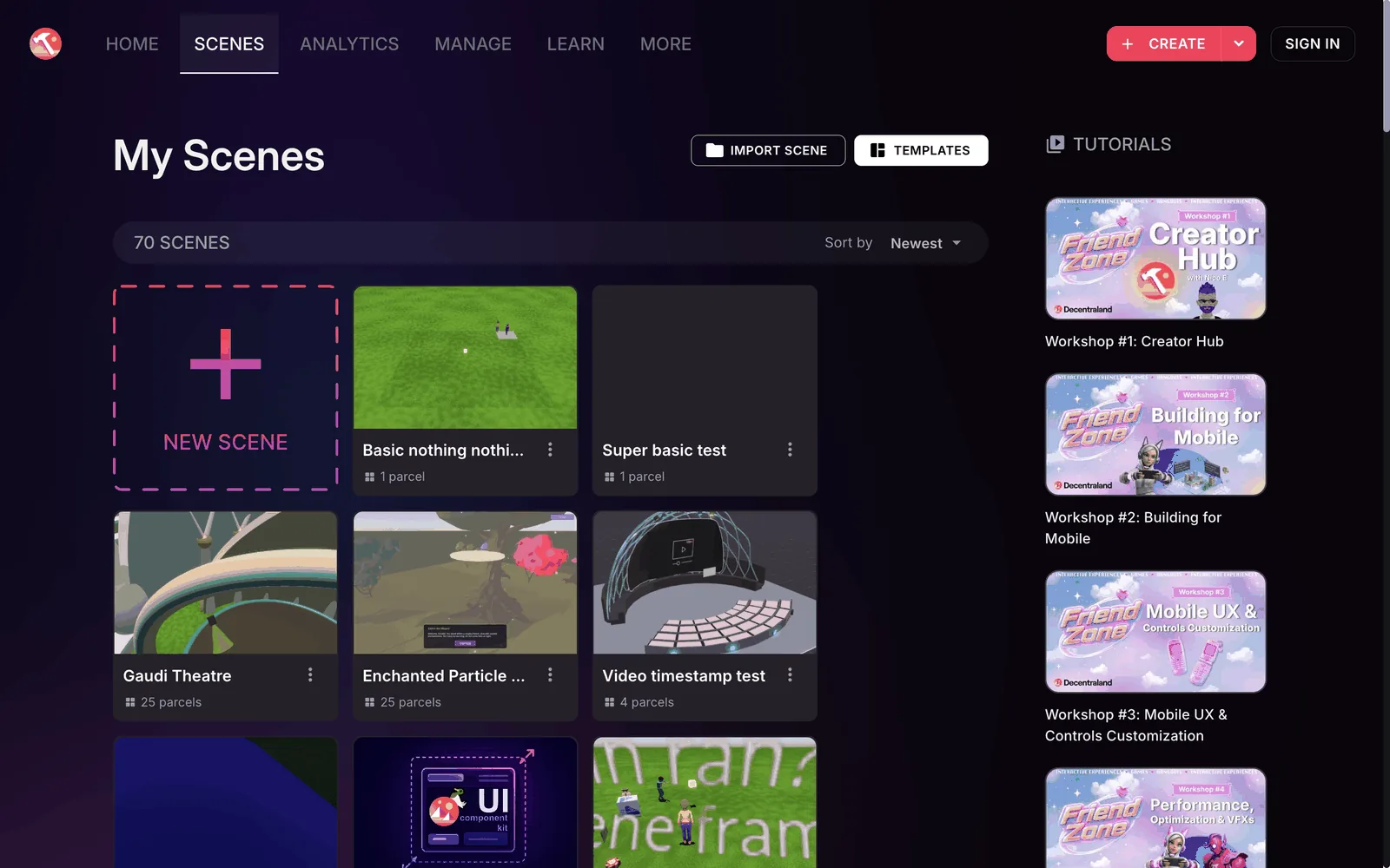 The Scenes tab of the Creator Hub, showing a grid of scene cards with a New Scene card first, the Import Scene and Templates buttons above the grid, and a Tutorials column on the right.