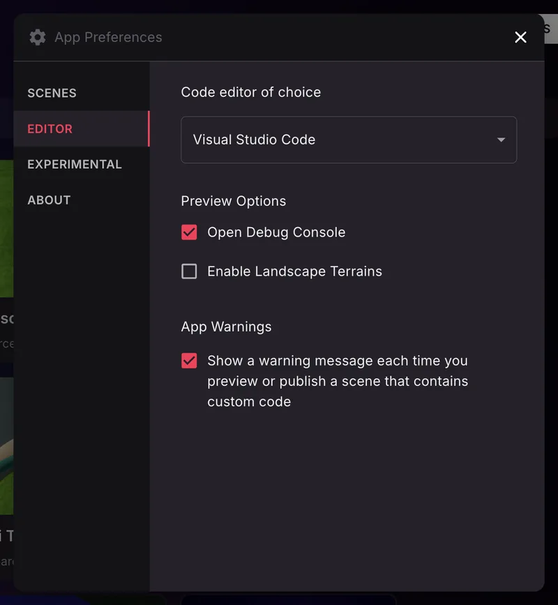 The App Preferences dialog on the EDITOR tab, showing the Code editor of choice dropdown set to Visual Studio Code.