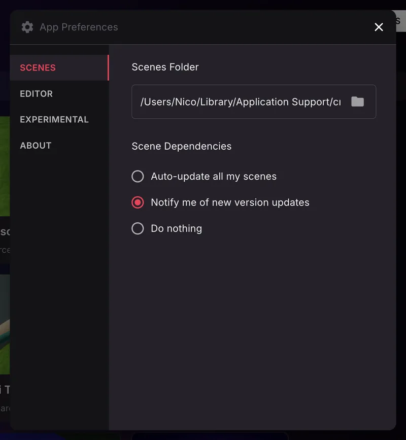The App Preferences dialog on the SCENES tab, showing the Scenes Folder path with a folder picker, and the Scene Dependencies options: Auto-update all my scenes, Notify me of new version updates, and Do nothing.