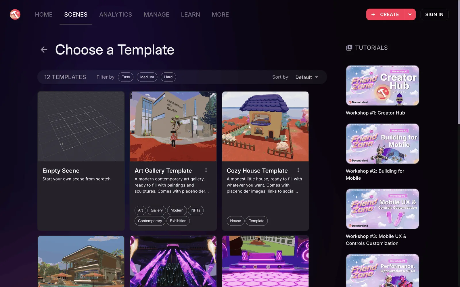 The Choose a Template screen, with Easy, Medium and Hard difficulty filters and a grid of template cards, including Empty Scene, Art Gallery Template and Cozy House Template.