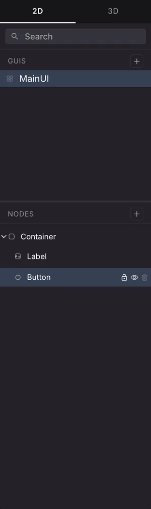 The left panel of the UI Editor, with the 2D and 3D tabs, a search box, the GUIs list containing MainUI, and the Nodes tree showing a Container with a Label and a Button, the Button row showing lock, hide and delete icons.