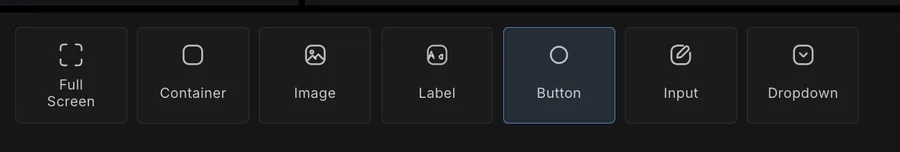 The widget palette along the bottom of the UI Editor, with cards for Full Screen, Container, Image, Label, Button, Input and Dropdown.