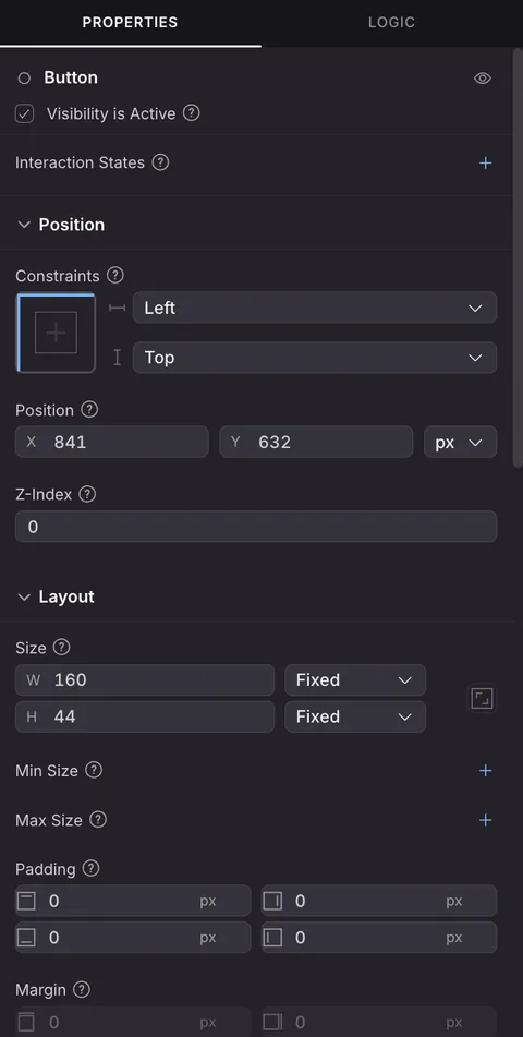 The Properties tab of the UI Editor for a selected Button, with Visibility, Interaction States, a Position section with Constraints, Position and Z-Index, and a Layout section with Size, Min Size, Max Size, Padding and Margin.